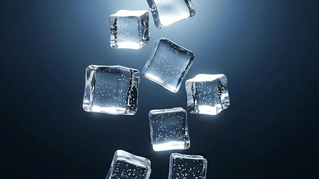 Ice Cubes Falling in Slow Motion on Dark Blue Gradient Background Refreshing Visuals of Transparent Square Ice Blocks Tumbling in Clean and Simple Animation for Cooling Concepts