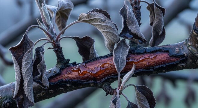 Fire Blight Disease on Tree Branch in Cool Season: Bacterial Canker, Oozing Sap, and Frost-Covered Leaves