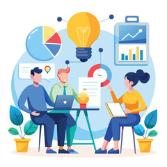 strategy meeting illustration with pie charts and .eps