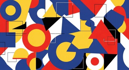 A colorful abstract pattern featuring geometric shapes and squares in red, blue, yellow, and black, set against a white background.
