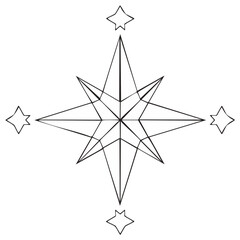 Geometric star design with radiating lines and star accents in black outline.