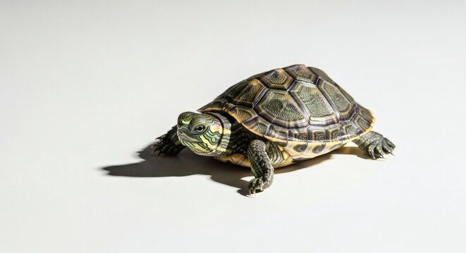 A charming red-eared slider turtle with a detailed patterned shell sits isolated on a clean white studio background