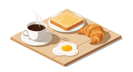 Breakfast tray with coffee, toast, croissant, and fried egg illustration.