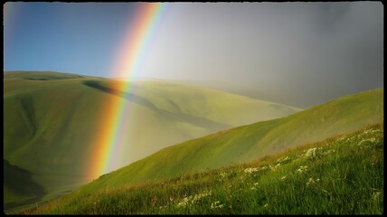 A Vibrant Rainbow Arches Over Rolling Green Hills After a Gentle Rain Shower Illuminating the Idyllic Landscape
