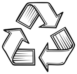 Black and white hand-drawn recycling symbol with sketched arrows representing sustainability.