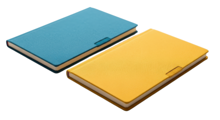 Two closed colorful professional notebooks, blue and yellow, used for business planning. isolated PNG with Transparent Background