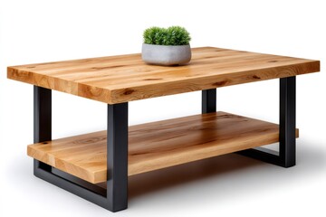 Modern rustic oak wood coffee table with plant