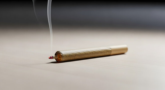 A single lit cannabis joint pre-roll rests on a wooden table with a gentle plume of smoke rising from its glowing tip