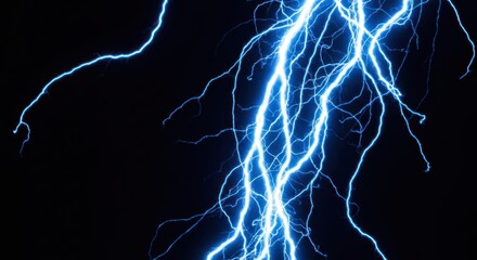 Powerful, bright blue lightning bolts against a black background