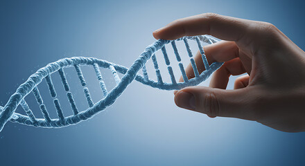 A close-up of a human hand lightly grasping or manipulating a highly detailed, bright blue 3D model of a DNA double helix. The background is a clean, bright blue gradient, representing precise genetic
