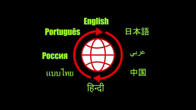 Global language translation concept with world globe and multiple languages in neon green and red on black Keywords: translation, language, global, world, globe, communication, international