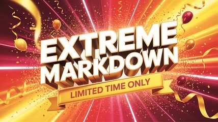 Announcing an extreme markdown event for a limited time only with celebratory confetti and balloons, perfect for promotions and advertising campaigns to drive sales