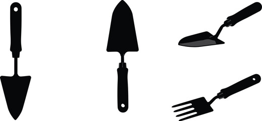  Gardening tool silhouette, hand trowel vector, shovel and fork icon, black illustration, soil cultivation equipment, planting gear, garden work concept