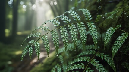 Sunlight filtering through the misty forest canopy illuminating delicate fern fronds glistening with morning dew creating a serene and tranquil natural landscape