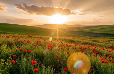 poppy field in the morning