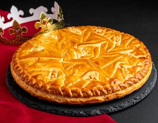 Golden, baked pastry on slate with a crown and vibrant red cloth