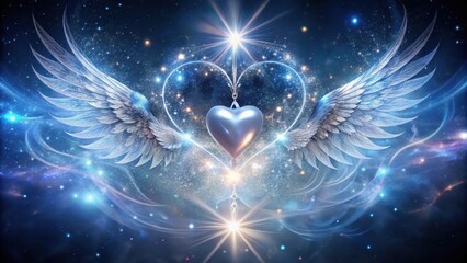 Celestial Heart Encased in Angelic Wings, a Mystical Cosmic Embrace of Love and Light, Suspended in a Starry Nebula