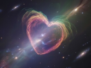An Artistic Representation of a Cosmic Nebula Shaped Like a Heart Adorned with Vibrant Colors Floating Amongst Distant Galaxies and Stars in the Deep Expanse of Space