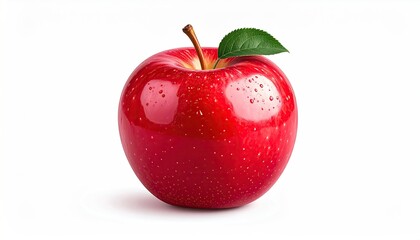 A Single Ripe Red Apple with a Green Leaf and Water Droplets on a White Background with Subtle Lighting