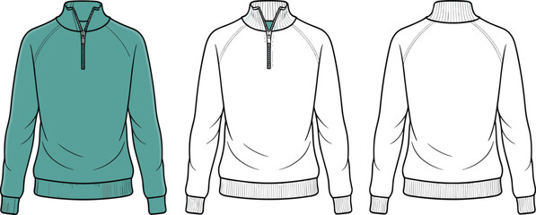 Half zip sweatshirt CAD drawing flat vector illustration, front and back technical fashion sketch for apparel design and clothing templateHalf  © MstMuktarinaAkter