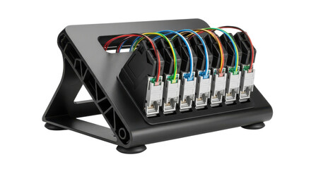 Black stand holding multiple colorful network Ethernet cables and data connection modules. isolated PNG with Transparent Background