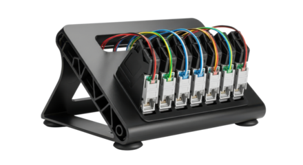 Black stand holding multiple colorful network Ethernet cables and data connection modules. isolated PNG with Transparent Background