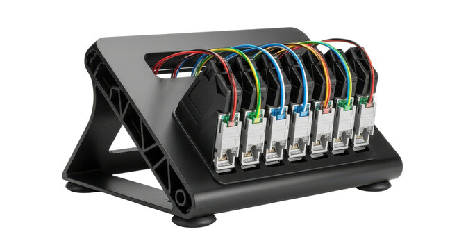 Black stand holding multiple colorful network Ethernet cables and data connection modules. isolated PNG with Transparent Background