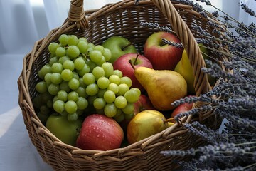 A Wicker Basket Overflowing With A Bounty Of Fresh Ripe Fruits Including Green Grapes Red Apples and Yellow Pears Adorned With Dried Lavender Sprigs Providing A Rustic Ambiance