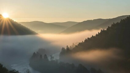 Sunrise over mountain landscape, showcasing a valley filled with mist and coniferous trees - Powered by Adobe