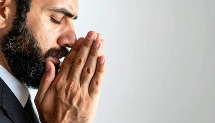 Close-up of man praying to god with hands togethe.
