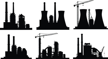 Industrial factory silhouettes, power plant icons, refinery vector set, black energy infrastructure, smokestack illustration, cooling tower graphics, construction site elements