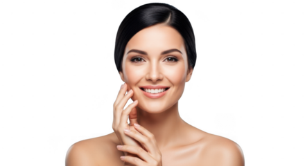Smiling woman touching her face isolated on transparent background, radiant skin and natural beauty