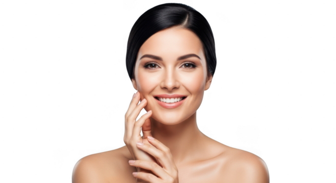 Smiling woman touching her face isolated on transparent background, radiant skin and natural beauty