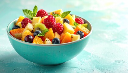 A Vibrant Bowl Of Fresh Fruit Salad With Berries And Mint Leaves On A Textured Blue Background
