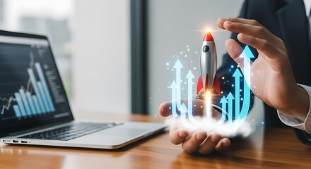 Businessman holding a rocket launching upwards with upward trending arrows and a laptop displaying financial charts