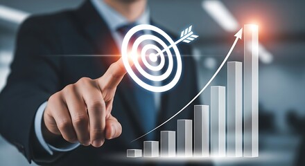 Businessman pointing at a target with an arrow and a rising bar graph symbolizing business growth and success