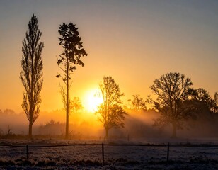 Golden sunrise silhouettes trees in a misty field, casting long shadows