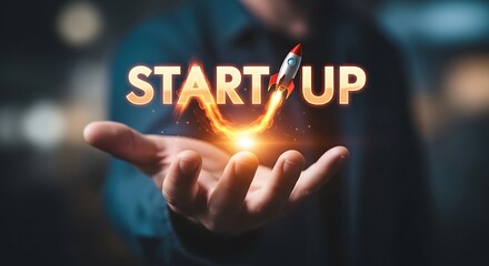Close-up of a hand holding a glowing rocket launching with the word STARTUP startup business
