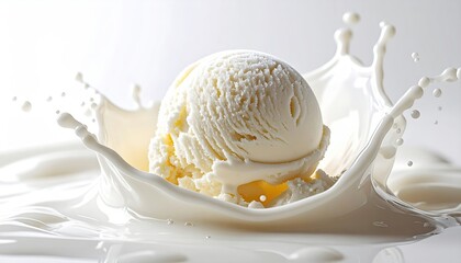 A Creamy Scoop of Vanilla Ice Cream Splashing into Milk Against a Bright White Studio Background with Dynamic Liquid Motion