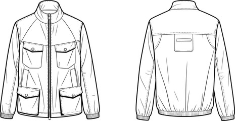 Structured jacket sketch, fashion design template, technical flat drawing, flap pocket jacket, garment illustration, vector outline, front and back view