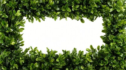 Dense green boxwood leaves form a natural frame around a central white space