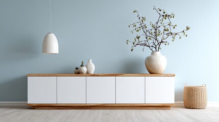 White modern sideboard with wooden top and decorative vases plants and a hanging lamp