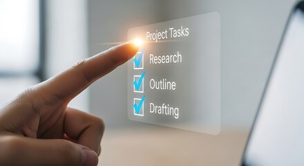 Finger pointing to a digital checklist with completed tasks on a transparent screen project