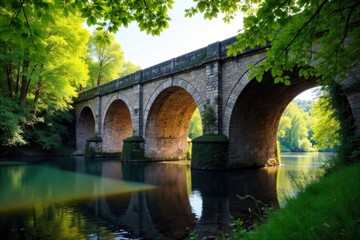 Obraz premium Rustic Stone Bridge Over a Serene Tuscan River, Surrounded by Lush Greenery and Sunlight A rustic, ancient stone bridge arching over a calm, clear river in the Tuscan countryside. Lush green foliage