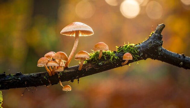 Close-up of mushrooms growing on a moss-covered branch in a forest
