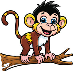 Obraz premium Cartoon monkey vector illustration, playful jungle animal character, blue-eyed smiling primate on tree branch, children’s educational design, colorful and friendly artwork