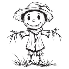 Scary halloween scarecrow silhouette vector for decoration editable vector Line art illustration of a scarecrow with a menacing carved pumpkin face, wearing patched clothing and a hat. 