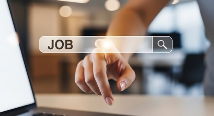 Finger touching a search bar with the word JOB highlighted on a digital interface employment