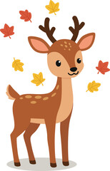 cute cartoon deer animal with cheerful expression standing pose with dry leaves falling