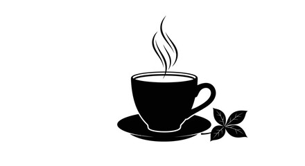 A black silhouette of a steaming coffee cup and saucer with a small four-leaf clover